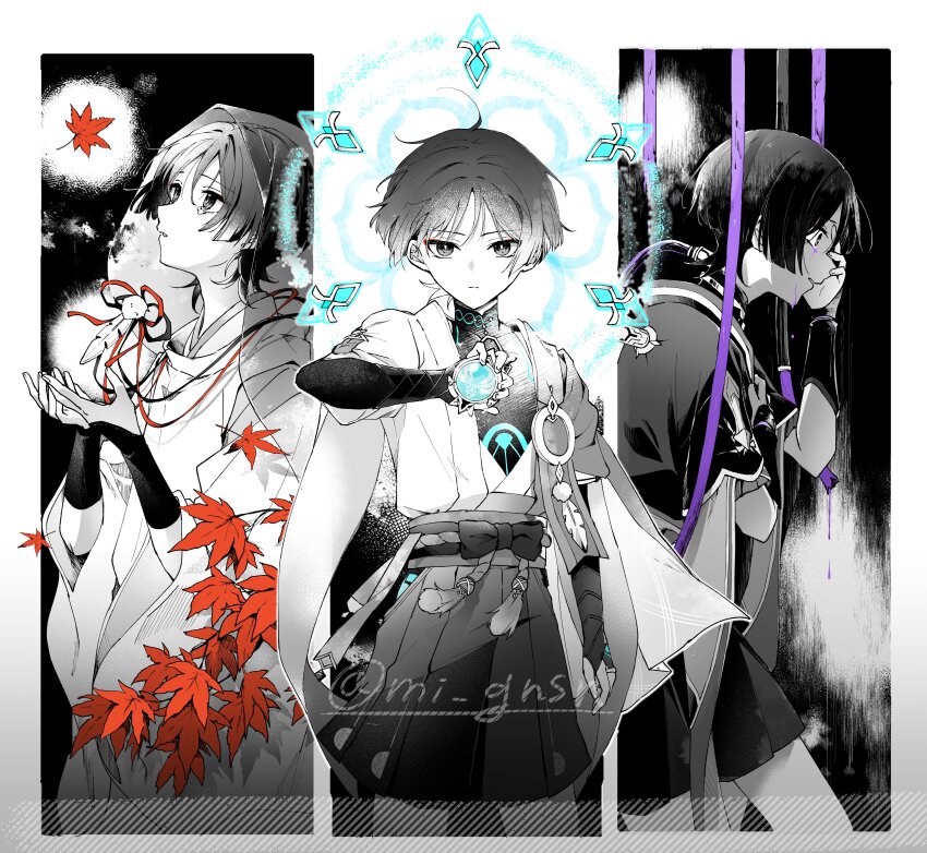 3boys absurdres ahoge anemo_symbol_(genshin_impact) aqua_gemstone arm_at_side armor belt blue_halo blunt_ends bodysuit bow cable cape closed_mouth clothing_cutout covered_collarbone crying crying_with_eyes_open eyeliner eyeshadow feathers fingernails frilled_sleeves frills furisode genshin_impact glowing_markings greyscale hakama hakama_shorts halo halo_behind_head han&#039;eri hand_on_own_chest hand_on_own_face hand_up highres holding holding_jewelry japanese_armor japanese_clothes jewelry kariginu kimono kote layered_kimono layered_sleeves leaf long_sleeves looking_at_viewer looking_to_the_side looking_up magic_circle makeup maple_leaf mi_gnsn middle_ring monochrome multiple_boys multiple_persona open_hands parted_lips pleated_shorts pom_pom_(clothes) red_eyeliner red_eyeshadow rope sash scaramouche_(genshin_impact) scaramouche_(kabukimono)_(genshin_impact) see-through_clothes see-through_veil short_sleeves shorts shoulder_cutout spot_color string tassel tears twitter_username upper_body v-neck veil vision_(genshin_impact) wanderer_(genshin_impact) white_background wide_sleeves