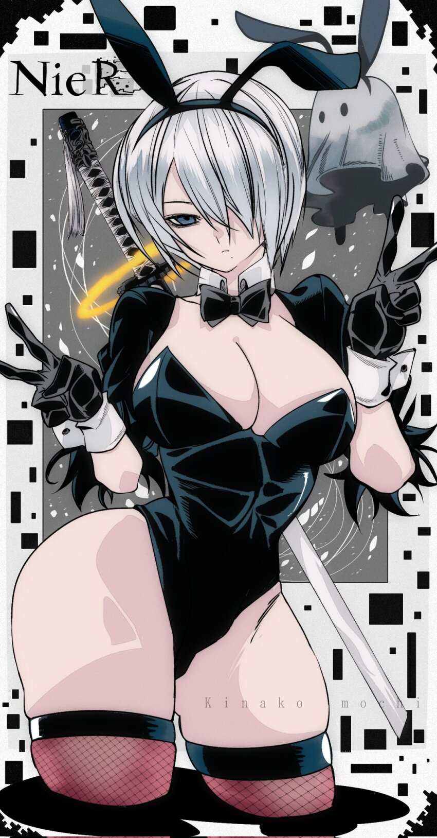 1girl 2b_(nier:automata) alternate_costume animal_ear_hairband animal_ears artist_name black_gloves black_hairband black_leotard blue_eyes breasts closed_mouth commentary copyright_name cowboy_shot detached_collar double_v fake_animal_ears fishnet_thighhighs fishnets gloves hair_over_one_eye hairband highres katana kinakomochi_(user_vedc2333) large_breasts leotard looking_at_viewer nier:automata nier_(series) playboy_bunny rabbit_ears rabbit_tail short_hair skindentation solo strapless strapless_leotard sword sword_on_back symbol-only_commentary tail thighhighs v virtuous_contract weapon weapon_on_back white_hair