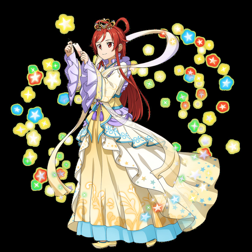 1girl closed_mouth cosplay dress female_focus full_body highres kaguya_hime kaguya_hime_(cosplay) long_dress long_hair long_sleeves matching_hair/eyes official_art red_eyes red_hair sash smile solo standing sword_art_online sword_art_online:_memory_defrag tanabata tiese_schtrinen transparent_background very_long_hair wide_sleeves yellow_dress