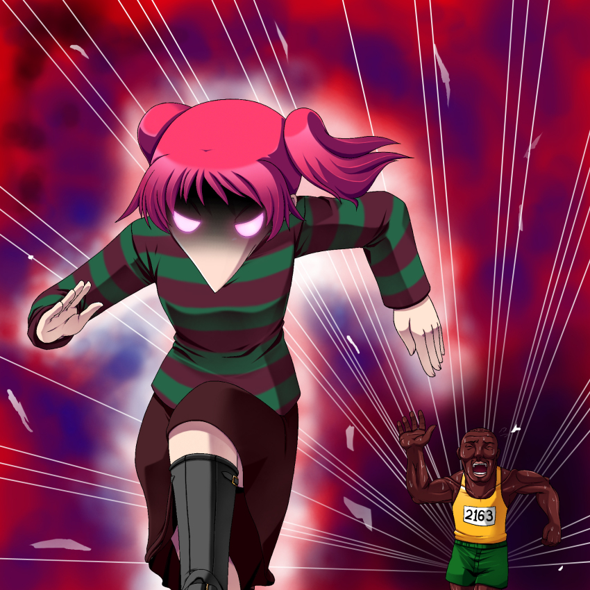 1boy 1girl highres motion_lines racing rapama running shorts skirt striped_clothes sweat sweater tagme tank_top toriningen usain_bolt yume_nikki