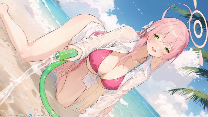 1girl ahoge all_fours beach bikini blue_archive blush bow braid breasts cleavage collarbone commentary dan-98 day english_commentary green_eyes hair_bow halo hanako_(blue_archive) hanako_(swimsuit)_(blue_archive) highres holding holding_hose hose large_breasts long_hair long_sleeves looking_at_viewer mixed-language_commentary ocean official_alternate_costume open_mouth outdoors oversized_clothes oversized_shirt pink_bikini pink_hair revision see-through_clothes see-through_shirt shirt smile solo spraying swimsuit water wet wet_clothes wet_shirt white_bow white_shirt