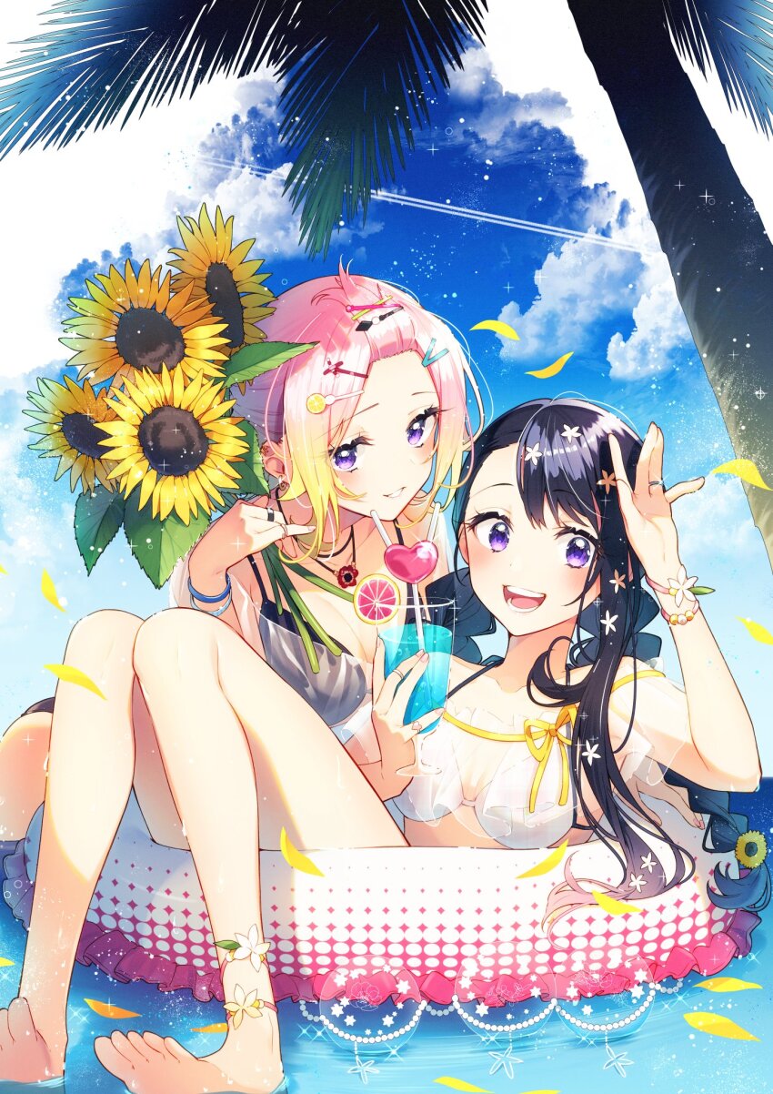 2girls anemone_wa_netsu_wo_obiru barefoot bikini black_bikini black_hair blonde_hair blue_sky blush breasts cloud cloudy_sky cup day drinking_straw eyelashes feet feet_out_of_frame flower forehead full_body gradient_background hair_ornament hairclip hands_up highres holding innertube jewelry knees_together_feet_apart komiyama_mashiro leaning_forward looking_at_viewer medium_breasts multicolored_hair multiple_girls ootsuki_nagisa open_mouth outdoors palm_tree parted_bangs pink_hair purple_eyes ribbon ring sakuragi_ren shadow sky soles streaked_hair sunflower swept_bangs swim_ring swimsuit teeth thighs tree water waving wedding_ring white_bikini yellow_ribbon