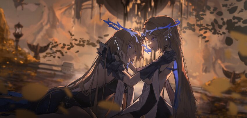 2girls absurdres black_dress blonde_hair blue_eyes blue_hair blurry blurry_background breast_curtains breasts cartethyia_(wuthering_waves) clenched_teeth closed_mouth colored_inner_hair commentary crown_of_thorns crying crying_with_eyes_open dress earrings eien_001 english_commentary fleurdelys_(wuthering_waves) floating_crown from_side gauntlets halo hand_on_another&#039;s_face hand_on_another&#039;s_shoulder highres holding_another&#039;s_arm horns jewelry large_breasts leaning_forward light_smile long_hair long_horns looking_at_another making-of_available multicolored_hair multiple_girls outdoors parted_lips pointy_ears portrait rerebrace short_dress sideboob sidelocks single_horn sitting tabard tears teeth white_dress white_tabard wuthering_waves