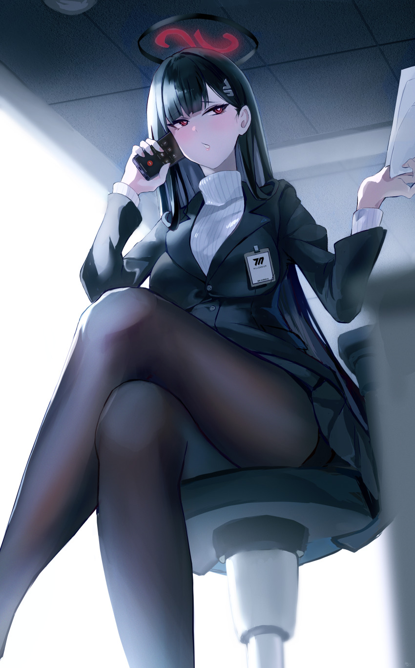 1girl absurdres black_hair black_pantyhose black_suit blue_archive blush breasts cellphone chair closed_mouth crossed_legs formal_clothes hair_ornament hairpin halo highres holding holding_phone large_breasts long_hair looking_at_viewer on_chair pantyhose phone rio_(blue_archive) shirt smartphone solo suit turtleneck turtleneck_shirt very_long_hair white_shirt yato_(yama0x1)