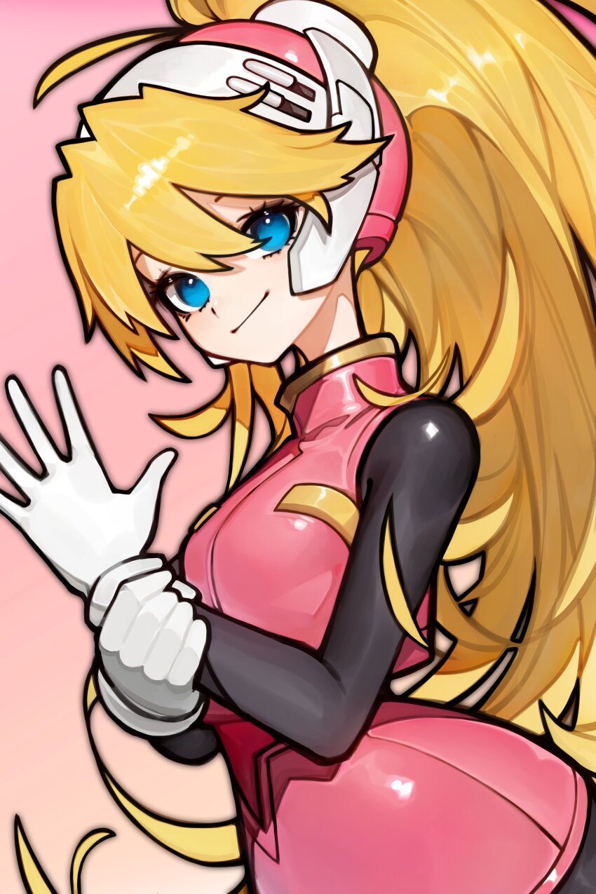 1girl absurdres black_bodysuit blonde_hair blue_eyes bodysuit bodysuit_under_clothes breasts ciel_(mega_man) cowboy_shot helmet high-waist_skirt high_ponytail highres hoai_vu medium_breasts mega_man_(series) mega_man_zero_(series) pink_background pink_helmet pink_shirt pink_skirt ponytail shirt simple_background skirt smile solo