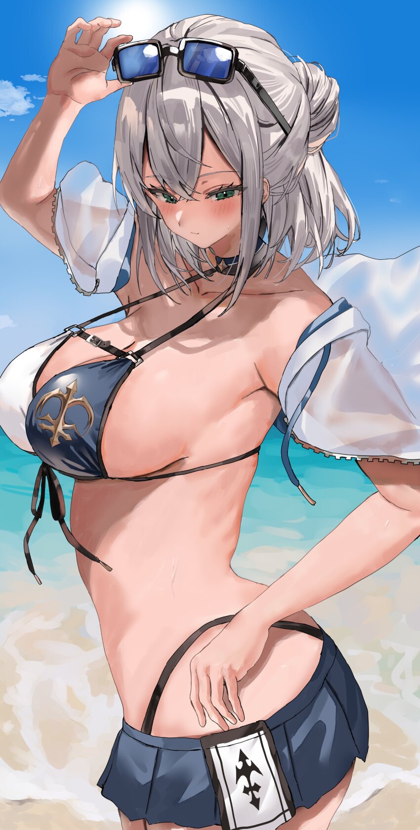 1girl absurdres adjusting_eyewear aqua_eyes beach bikini bikini_skirt black-framed_eyewear blue-tinted_eyewear blue_bikini blue_skirt blue_sky blush breasts chest_belt closed_mouth commentary cowboy_shot day double-parted_bangs eyelashes eyewear_on_head front-tie_bikini_top front-tie_top grey_hair hair_between_eyes hair_bun hand_on_own_hip highleg highleg_bikini highres hololive jacket large_breasts looking_at_viewer miniskirt multicolored_bikini nekoshima_kaede ocean off_shoulder official_alternate_costume open_clothes open_jacket outdoors shirogane_noel shirogane_noel_(summer_2020) short_hair sideboob skirt sky smile solo standing sun sunglasses sweat swimsuit tinted_eyewear two-tone_bikini unzipped virtual_youtuber white_bikini white_jacket