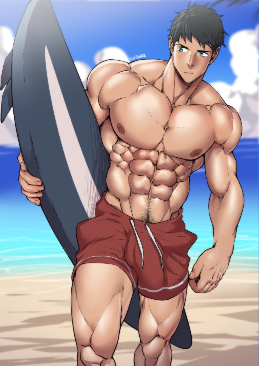 1boy abs absurdres artist_name bara beach black_hair blue_eyes closed_mouth cloud collarbone commentary english_commentary expressionless feet_out_of_frame free! highres holding holding_surfboard light_blush male_focus male_swimwear muscular muscular_male nipples on_ground paid_reward_available pectorals red_male_swimwear sand short_hair solo surfboard suyohara thighs topless_male walking yamazaki_sousuke