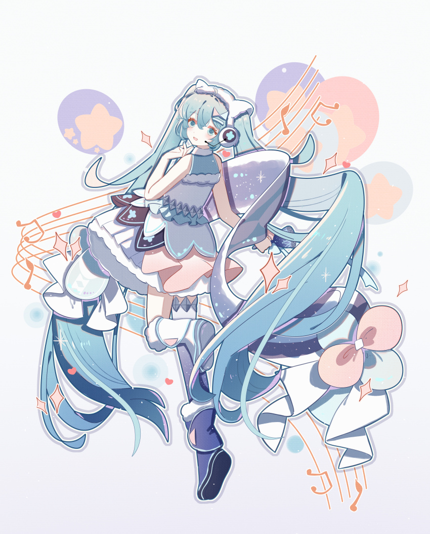 1girl absurdly_long_hair absurdres aqua_eyes aqua_hair aqua_nails asymmetrical_legwear bell bg5120 dress floating_clothes floating_hair hatsune_miku headphones headset highres holding holding_bell leg_up long_hair looking_at_viewer looking_back magical_mirai_(vocaloid) magical_mirai_miku magical_mirai_miku_(2020_winter) musical_note open_mouth sleeveless sleeveless_dress smile solo thighhighs translation_request twintails uneven_legwear very_long_hair vocaloid wireless_microphone