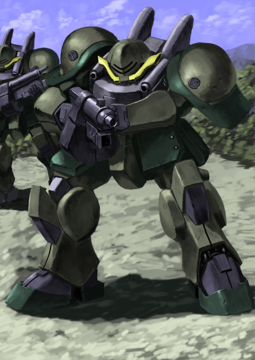 after_war_gundam_x blue_sky cloud gun gundam highres holding holding_gun holding_weapon jenice_kai machinery mecha mecha_focus mobile_suit no_humans outdoors robot science_fiction sky tyokugekidato weapon