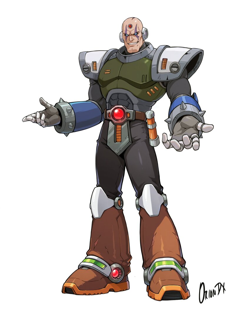 1boy abs absurdres android armor bald dauntedx forehead_jewel full_body green_armor highres male_focus mega_man_(ruby-spears) mega_man_(series) mega_man_x_(series) no_eyebrows sigma_(mega_man) simple_background solo white_background