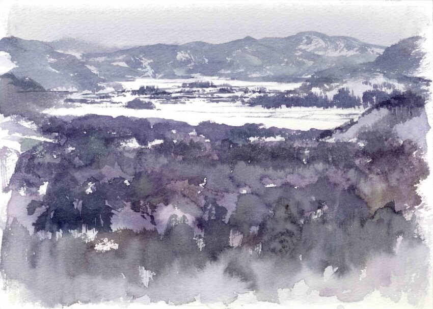 absurdres bare_tree day field grey_sky highres hill masuyama_osamu mountainous_horizon no_humans original painting_(medium) scenery sky snow traditional_media tree watercolor_(medium)