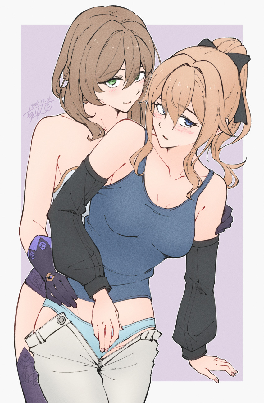 2girls blonde_hair blue_eyes blue_panties blue_tank_top blush border breasts brown_hair cherrrim closed_mouth commentary_request detached_sleeves genshin_impact gloves green_eyes hand_on_another&#039;s_waist highres jean_(genshin_impact) lisa_(genshin_impact) long_hair looking_at_viewer medium_breasts multiple_girls open_pants panties pants ponytail purple_background purple_gloves simple_background smile tank_top underwear undressing white_border white_pants yuri