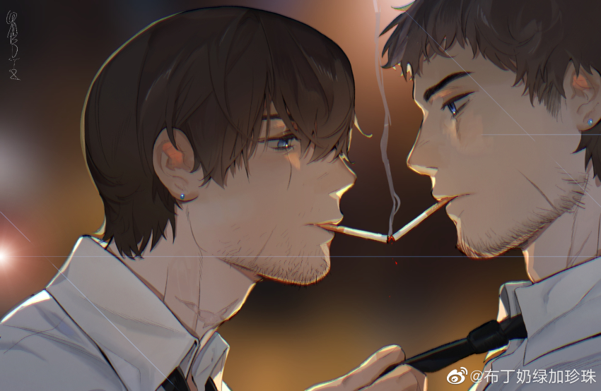 2boys adventurer_(ff14) alternate_costume ardbert_hylfyst bara black_hair blue_eyes brown_hair chinese_commentary cigarette cigarette_kiss close-up clothes_grab collared_shirt couple earrings facial_hair facial_scar final_fantasy final_fantasy_xiv from_side hair_between_eyes half-closed_eyes highres hyur jewelry looking_at_another male_focus mature_male mbdtz multiple_boys necktie necktie_grab neckwear_grab scar scar_across_eye scar_on_cheek scar_on_face scar_on_neck shirt short_hair smoking stubble thick_eyebrows upper_body warrior_of_light_(ff14) watermark weibo_watermark white_shirt yaoi