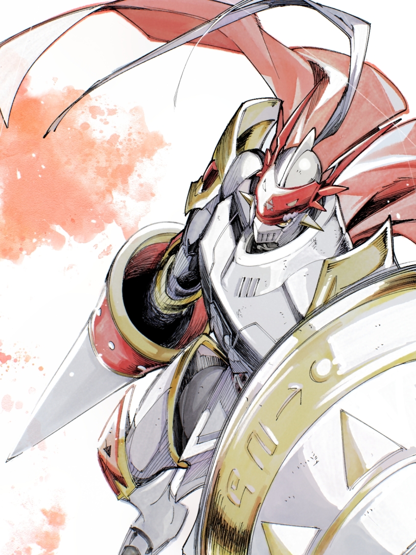 1boy armor cape digimon digimon_(creature) dukemon foot_out_of_frame from_above highres holding holding_polearm holding_shield holding_weapon knight lance looking_up polearm red_cape shield solo takeuchi_(a3) weapon white_armor white_background yellow_eyes