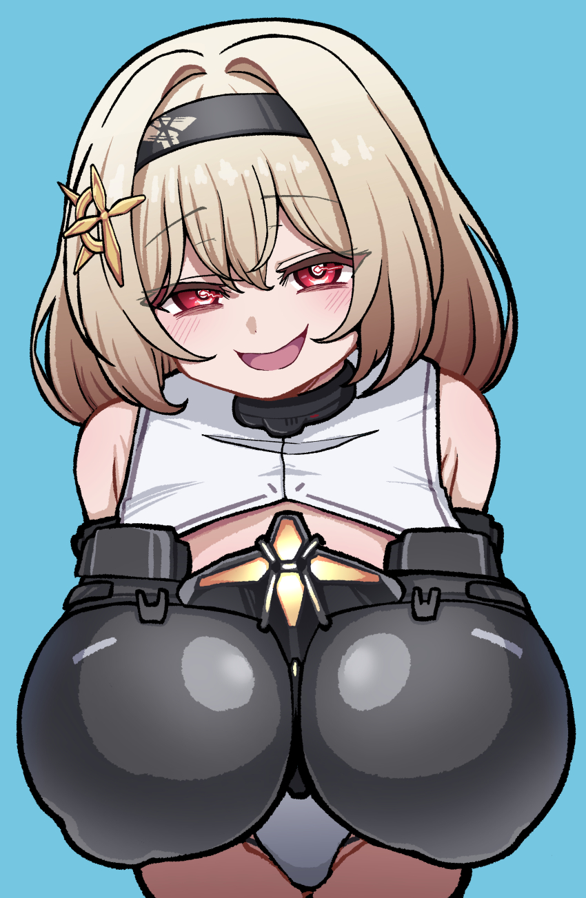 1girl absurdres black_collar black_gloves black_leotard blue_background blush breasts brown_hair collar commentary_request covered_erect_nipples cowboy_shot double-parted_bangs elbow_gloves eye_trail from_above gloves goddess_of_victory:_nikke hair_intakes hair_ornament highres large_breasts leotard light_trail looking_at_viewer medium_hair multicolored_leotard open_mouth panatisia raised_eyebrows red_shoes_(nikke) simple_background leotard smile solo thighs tongue two-tone_leotard white_leotard
