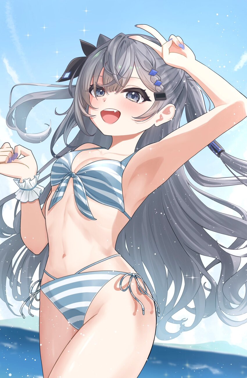 1girl bikini blue_nails breasts fang grey_eyes grey_hair highres hololive hololive_indonesia kanamirat long_hair navel ocean small_breasts striped_bikini striped_clothes swimsuit v vestia_zeta virtual_youtuber