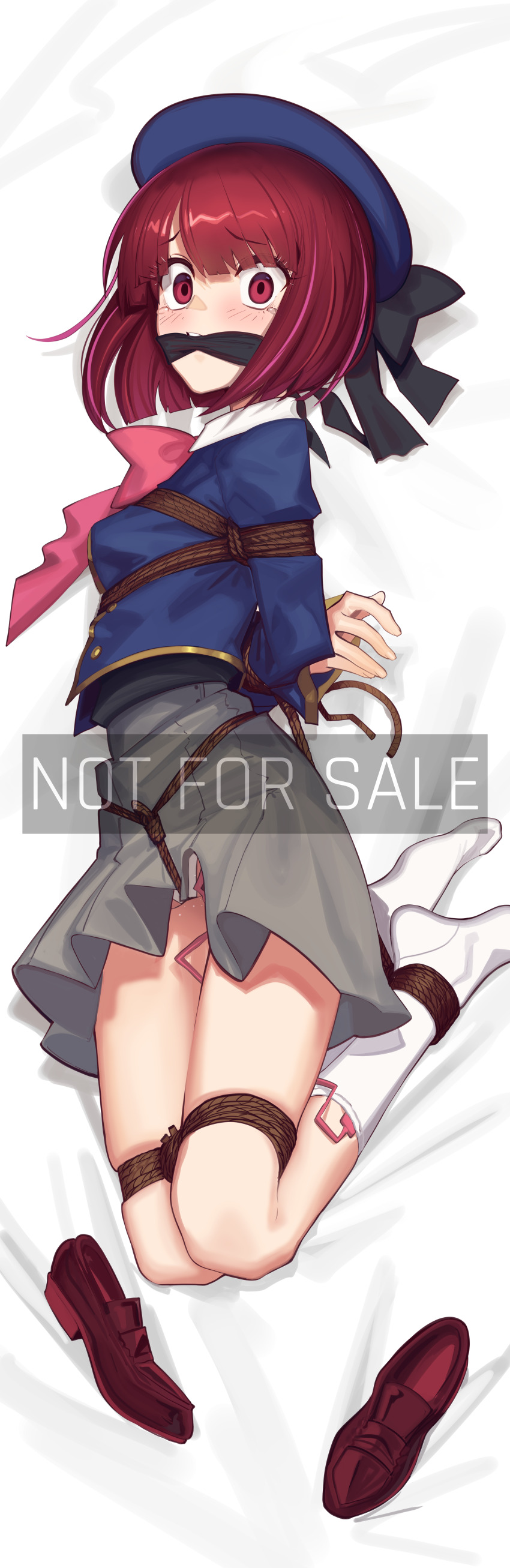 1girl absurdres arima_kana arms_behind_back bdsm beret blue_hat bob_cut bondage bound bound_ankles bound_arms bound_legs bound_torso bound_wrists cad_(caddo) cleave_gag cloth_gag commission crotch_rope egg_vibrator female_focus full_body gag gagged grey_skirt hat highres hogtie improvised_gag incredibly_absurdres looking_at_viewer lying on_bed on_side oshi_no_ko peril red_eyes red_hair restrained scared shibari shibari_over_clothes shoes short_hair skindentation skirt solo unworn_shoes vibrator vibrator_in_kneehighs watermark white_shoes