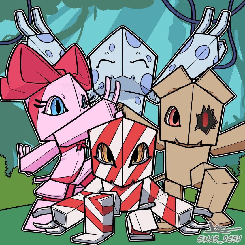 bacomon blue_eyes box closed_eyes d_resh digimon digimon_xros_wars digimon_xros_wars:_toki_wo_kakeru_shounen_hunter-tachi forest ginyu_force_pose happy highres looking_at_viewer nature orange_eyes pose_imitation ribbon