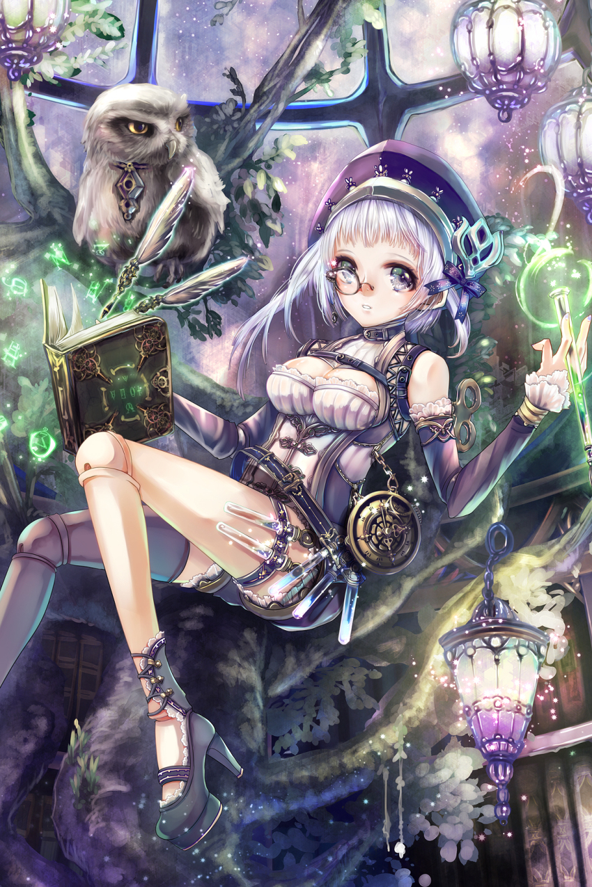 1girl bird black_hat black_shoes black_shorts black_sleeves book bookshelf breasts cleavage commentary_request detached_sleeves doll_joints floating floating_book floating_object foot_out_of_frame frilled_sleeves frills grey_eyes grey_hair hane_segawa hanging_light hat high_heels highres holding holding_quill indoors joints library looking_at_viewer lying magic medium_breasts monocle on_back open_book original owl parted_lips quill shoes shorts single_bare_shoulder skylight solo thigh_strap tree winding_key writing