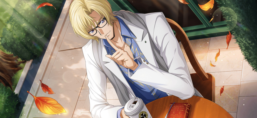 1boy artist_request black-framed_eyewear blonde_hair blue_eyes blue_shirt blurry bokeh book bush casual chair closed_mouth code_geass code_geass:_lost_stories coffee collarbone collared_shirt cup day depth_of_field disposable_cup drink dutch_angle falling_leaves finger_to_mouth from_above game_cg glasses grey_scarf hand_up happy highres holding holding_cup holding_drink index_finger_raised jacket layered_sleeves leaf light_particles light_rays long_sleeves looking_at_viewer male_focus non-web_source official_art on_chair open_clothes open_jacket outdoors scarf schneizel_el_britannia shirt short_hair shushing sidelocks sitting smile solo sunlight table upper_body white_jacket