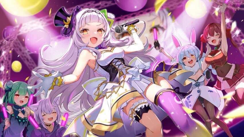 6+girls :d animal_ears arched_bangs back_bow balloon bow bow_skirt breasts cat_ears cat_girl commentary_request concert cone_hair_bun confetti crescent_print cross-laced_clothes frilled_sleeves frilled_thigh_strap frills gloves gold_trim grey_hair hair_bun hairband hat hexagram_hair_ornament highres holding holding_microphone hololive hololive_idol_uniform_(origin) houshou_marine houshou_marine_(1st_costume) idol_clothes large_bow long_hair looking_at_viewer microphone mini_hat mini_top_hat miniskirt multiple_girls murasaki_shion nekomata_okayu nekomata_okayu_(1st_costume) official_alternate_costume official_art open_mouth overskirt pleated_skirt print_thighhighs purple_hat rabbit_ears rabbit_girl satoupote screen screen_zoom shirt short_eyebrows side_up_bun sidelocks single_side_bun single_thighhigh skirt skirt_set sleeveless sleeveless_shirt small_breasts smile spotlight star_(symbol) star_print thigh_strap thighhighs tilted_headwear top_hat uruha_rushia uruha_rushia_(1st_costume) usada_pekora usada_pekora_(1st_costume) virtual_youtuber white_bow white_gloves white_shirt white_skirt wrist_cuffs yellow_eyes