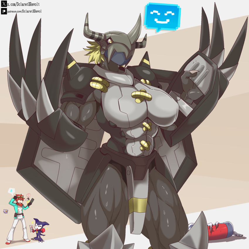 ! 1boy 1girl blackwargreymon breasts claws cowboy_shot dclaret digimon digimon_(creature) digimon_story:_time_stranger furry helmet highres holding impmon kuramon large_breasts monster_girl muscular muscular_arms muscular_female muscular_legs sandbag speech_bubble spoken_exclamation_mark spoken_sweatdrop sweatdrop yuuki_dan