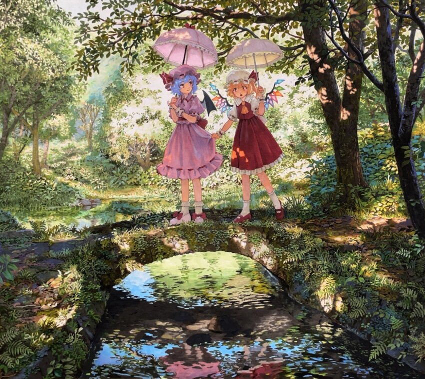 2girls :o ascot bat_wings bridge closed_mouth clothes_grab collared_shirt commentary_request dappled_sunlight day fern flandre_scarlet forest frilled_shirt_collar frilled_skirt frills hat hat_ribbon holding holding_umbrella marker_(medium) mob_cap moss multiple_girls nature outdoors pink_hair pink_hat pink_shirt pink_skirt puffy_short_sleeves puffy_sleeves red_eyes red_ribbon red_shoes red_skirt red_vest reflection reflective_water remilia_scarlet ribbon ribbon-trimmed_skirt ribbon_trim shiratama_(hockey) shirt shoes short_sleeves siblings sisters skirt skirt_grab socks sunlight touhou traditional_media tree umbrella vest water white_hat white_shirt white_shoes white_socks white_umbrella wings wrist_cuffs yellow_ascot