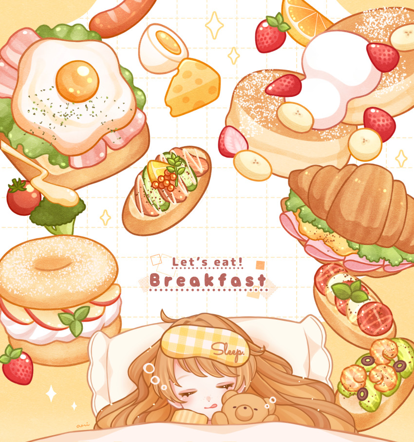 1girl ari_(oonmnmooo) bacon bagel bread cheese commentary cream croissant egg_(food) food food_focus fried_egg fruit ham highres meat orange_(fruit) orange_slice original pancake sausage sleep_mask sleeping softboiled_egg solo souffle_pancake strawberry stuffed_animal stuffed_toy granulated_sugar symbol-only_commentary teddy_bear tongue tongue_out