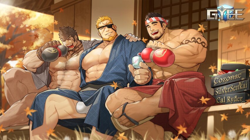 3boys abs alcohol antonio_(gyee) arm_tattoo autumn_leaves bara bare_pectorals beard blue_kimono bulge chest_hair closed_eyes clothes_down copyright_name cross_scar dark-skinned_male dark_skin eyepatch facial_hair feet feet_out_of_frame fundoshi goatee gomtang gyee hairy hand_on_another&#039;s_shoulder headband highres japanese_clothes kimono large_bulge large_hands large_pectorals leaf leg_hair male_focus male_underwear male_underwear_peek markus_(gyee) multiple_boys muscular muscular_male navel navel_hair nipples official_art one_eye_covered open_clothes open_kimono outdoors pectorals pouring red_kimono sake saliva sandals scar scar_on_face scar_on_leg sig_(gyee) sitting smile sunset tattoo thick_thighs thighs tongue tongue_out topless_male underwear zouri