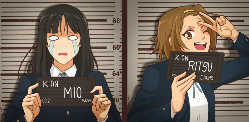 2girls akiyama_mio barbie_mugshot_(meme) black_hair brown_eyes brown_hair character_name crying crying_with_eyes_open k-on! long_hair looking_at_viewer medium_hair meme mugshot multiple_girls open_mouth sakuragaoka_high_school_uniform school_uniform tainaka_ritsu tears v yellow_nicky