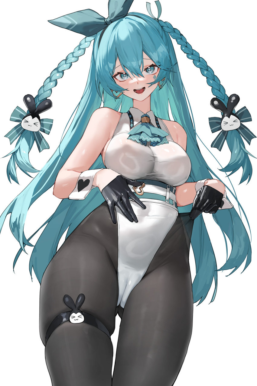 1girl absurdres ascot black_gloves black_pantyhose black_survival blue_ascot blue_hair bow_hairband braid breasts earrings emma_hardy eternal_return:_black_survival gloves hair_ornament hairband heart heart_earrings highres jewelry large_breasts leotard long_hair pantyhose rabbit_hair_ornament solo thigh_strap tunamayo_(dsasd751) twin_braids very_long_hair white_leotard wrist_cuffs