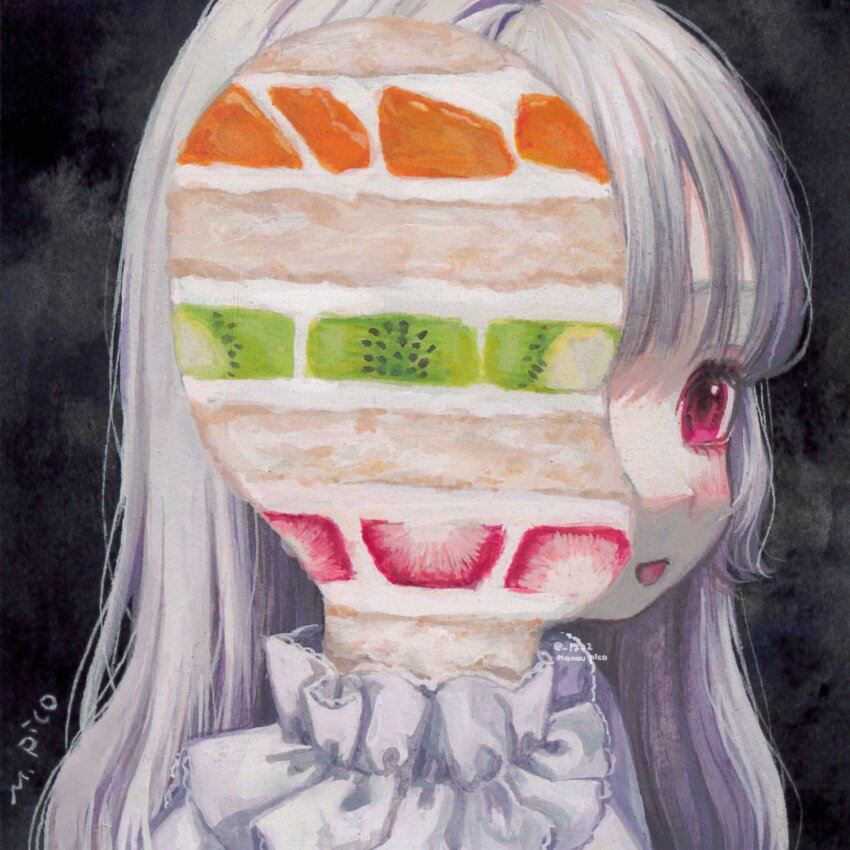 blush cake candy_gore collar food frilled_collar frills from_side fruit highres kiwi_(fruit) layer_cake long_hair monou_pico open_mouth orange_(fruit) original pink_eyes portrait signature split_head strawberry twitter_username white_hair