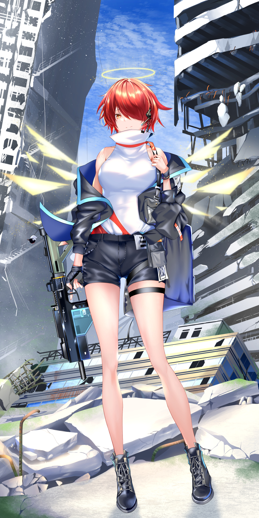 1girl absurdres arknights assault_rifle bare_shoulders black_gloves black_jacket black_shorts breasts building city closed_mouth commentary_request day energy_wings exusiai_(arknights) fingerless_gloves full_body furaide gloves gun hair_over_one_eye halo highres holding holding_gun holding_weapon jacket light_particles light_smile looking_at_viewer medium_breasts microphone off_shoulder one_eye_covered outdoors partial_commentary red_hair rifle rubble ruins shirt short_hair short_shorts shorts single_glove solo split_mouth standing thigh_strap traditional_halo turtleneck turtleneck_shirt weapon white_shirt yellow_eyes