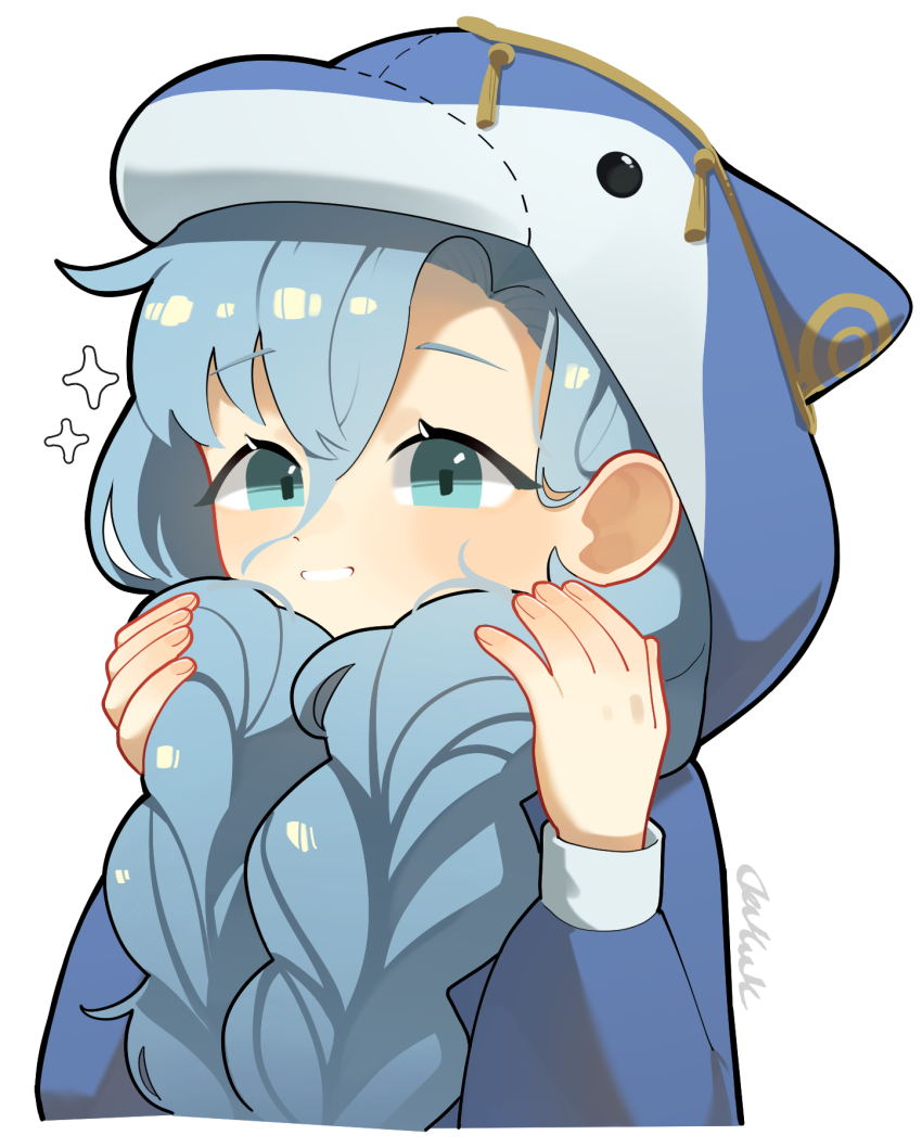 1girl 37_(reverse:1999) alternate_costume blue_eyes blue_hair braid daku_k dolphin_costume grin hair_between_eyes hair_over_shoulder hands_up highres holding holding_own_hair long_hair looking_at_viewer reverse:1999 smile solo twin_braids upper_body white_background