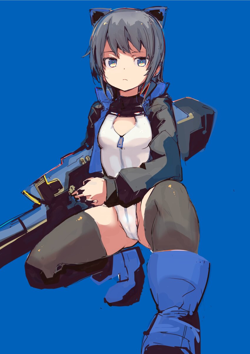 1girl absurdres alice_gear_aegis animal_ears black_hair black_jacket black_thighhighs blue_eyes blue_footwear cat_ears character_request check_character circle_cutout cleavage_cutout clothing_cutout companion/af covered_collarbone front_zipper full-length_zipper gradient_eyes gun heattech_leotard highleg highleg_leotard highres jacket koashi_mutsumi leotard multicolored_eyes multicolored_leotard race_queen short_hair sleeveless_turtleneck_leotard solo thighhighs turtleneck two-tone_leotard weapon white_leotard yoto_(rinlin2) zipper zipper_leotard zipper_pull_tab