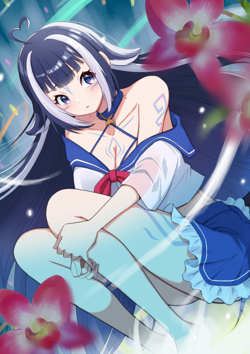 1girl ahoge bikini black_hair blue_bikini blue_collar blue_skirt breasts chest_tattoo cleavage collar facial_tattoo flower heart heart_ahoge highres indie_virtual_youtuber knees_up large_breasts leg_tattoo multicolored_hair orca_girl pink_flower purple_eyes shylily shylily_(1st_costume) skirt solo streaked_hair swimsuit tattoo user_ckjz8743 virtual_youtuber white_hair