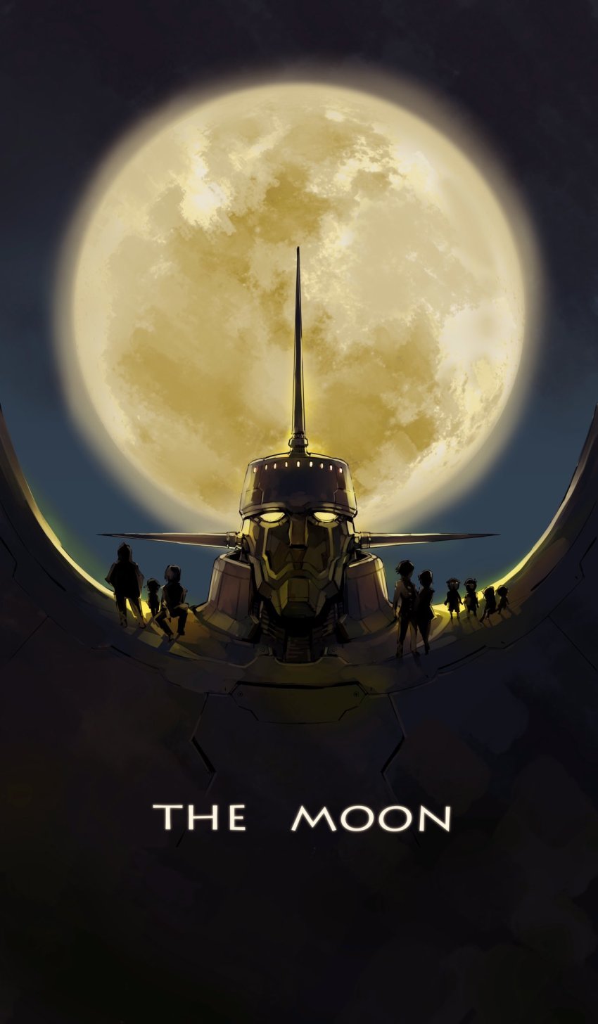 1girl 6+boys copyright_name highres kateika_(the_moon) looking_at_viewer mecha moon multiple_boys name_connection night object_namesake on_mecha ongaku_(the_moon) portrait rika_(the_moon) robot sansuu_(the_moon) science_fiction shakai_(the_moon) shimizu_eiichi shimoguchi_tomohiro silhouette standing taisou_(the_moon) the_moon_(character) the_moon_(manga) yellow_eyes youchien_(the_moon) zukou_(the_moon)