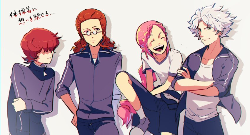 4boys blush_stickers brown_hair classicaloid closed_mouth crossed_arms franz_schubert_(classicaloid) frederic_chopin_(classicaloid) glasses gym_uniform hair_over_eyes hashtag-only_commentary highres holding_own_arm jacket long_hair ludwig_van_beethoven_(classicaloid) male_focus multiple_boys open_clothes open_jacket open_mouth pink_hair purple_jacket purple_shorts shirt short_hair shorts smile sobokuna_uroko socks teeth translation_request white_hair white_shirt white_socks wolfgang_amadeus_mozart_(classicaloid)