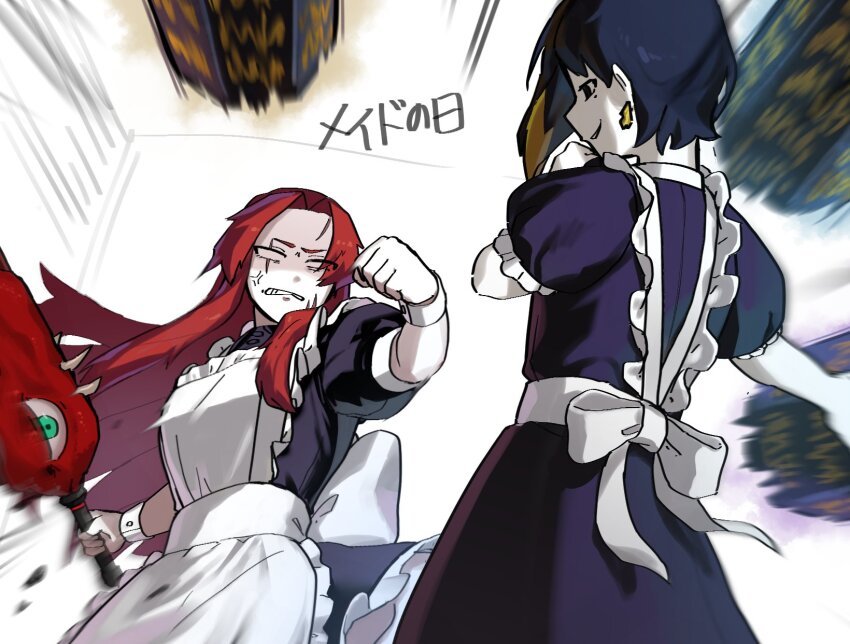2girls alternate_costume anger_vein apron binah_(project_moon) black_dress black_eyes black_hair blonde_hair bow colored_inner_hair dress e.g.o_(project_moon) earrings enmaided fighting frilled_apron frills gebura_(project_moon) highres jewelry library_of_ruina living_weapon lobotomy_corporation long_hair looking_at_another maid maid_apron mimicry_(e.g.o) mole mole_under_eye multicolored_hair multiple_girls parted_bangs project_moon puffy_short_sleeves puffy_sleeves red_hair scar scar_across_eye scar_on_face short_hair short_sleeves simple_background standing sutek1na_game upper_body white_apron white_background white_bow wrist_cuffs