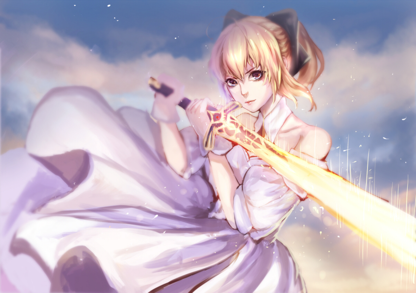 1girl ahoge artoria_pendragon_(fate) bare_shoulders blonde_hair blurry bow caliburn_(fate) depth_of_field dress fate/unlimited_codes fate_(series) female_focus gloves glowing glowing_sword glowing_weapon hair_bow haitang ponytail saber_(fate) saber_lily solo sword weapon