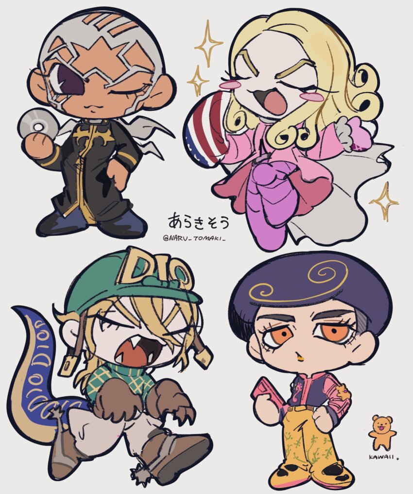 4boys :3 afro american_flag argyle_clothes argyle_sweater black_eyes black_hair blonde_hair boots brown_boots brown_gloves buzz_cut cassock cd cellphone chibi chibi_only clawed_gauntlets closed_eyes coat commentary_request curly_hair dark-skinned_male dark_skin diego_brando dinosaur_tail enrico_pucci fangs funny_valentine gloves green_helmet green_sweater grey_hair grey_pants hand_on_own_hip helmet highres holding holding_cd holding_phone jodhpurs jojo_no_kimyou_na_bouken jojolion long_coat long_hair long_sleeves male_focus multiple_boys naru_tomaki one_eye_closed open_mouth orange_eyes pants phone pink_coat pink_pants pink_shirt priest scary_monsters_(stand) shirt short_hair smartphone smile sparkle spurs stand_(jojo) steel_ball_run stone_ocean sweater tail teddy_bear_ornament tooru_(jojolion) turtleneck turtleneck_sweater very_short_hair white_hair yellow_pants