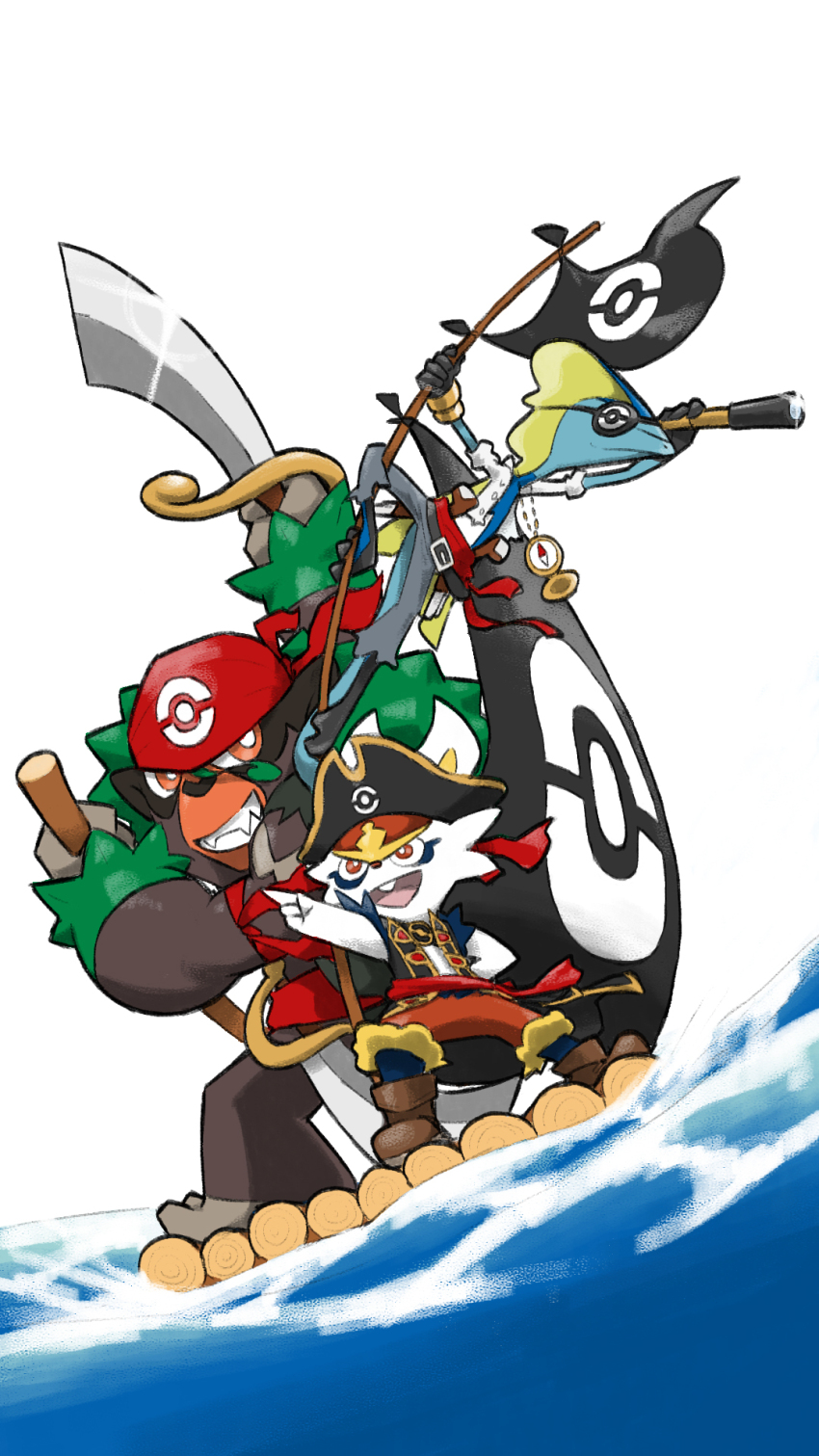 arm_up armband bandana belt black_belt black_hat black_jacket blacknirrow boots brown_footwear cinderace cinderace_(captain) closed_mouth clothed_pokemon commentary compass english_commentary eyepatch flag gen_8_pokemon glint grey_pants hat highres holding holding_sword holding_telescope holding_weapon inteleon jacket nintendo no_humans open_mouth orange_eyes pants pirate pirate_hat pointing pokemon pokemon_(creature) pokemon_unite raft red_armband red_bandana rillaboom rowing simple_background smile standing sword teeth telescope upper_teeth_only water weapon white_background white_jacket