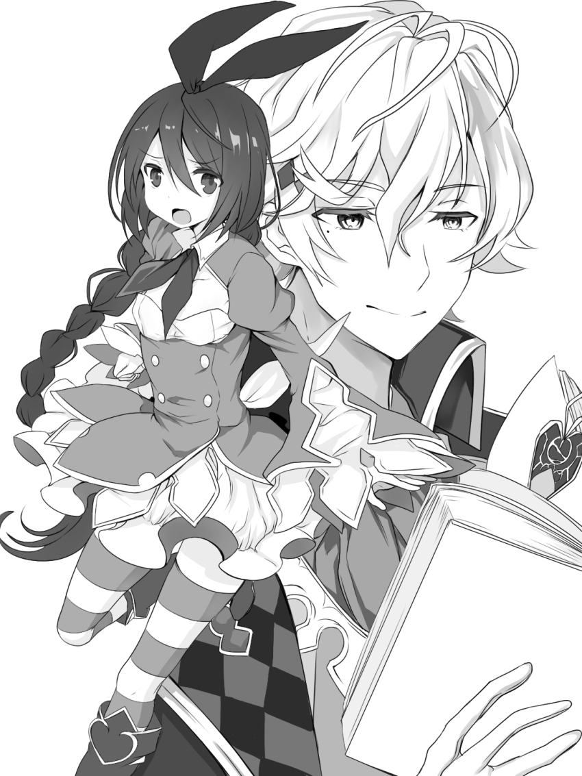 1boy 1girl character_request grimms_notes highres lewis_carroll_(grimms_notes) lewis_carroll_(original)_(grimms_notes) monochrome retsuto