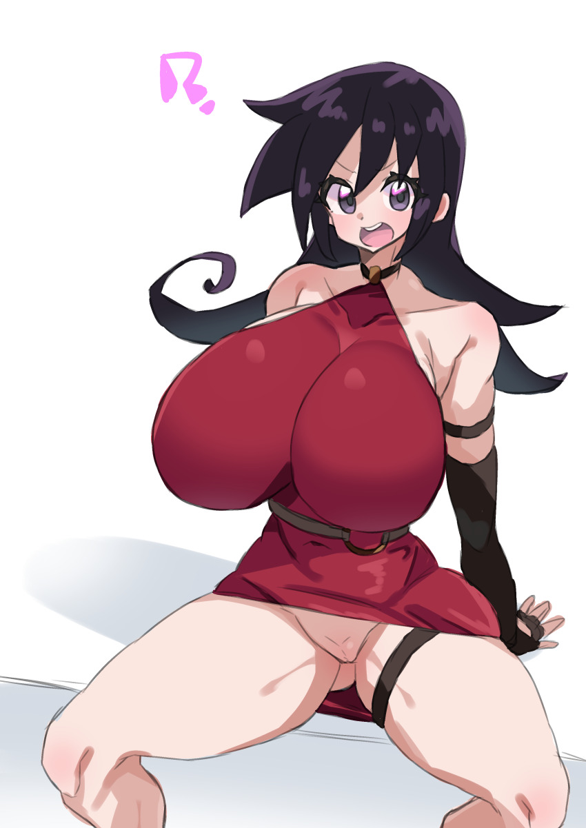 1girl ? absurdres akan_mori alternate_breast_size armlet bare_shoulders black_hair breasts collarbone duel_masters elbow_gloves female_focus functionally_nude gloves highres huge_breasts jewelry long_hair looking_at_viewer open_mouth pussy sitting spread_legs tasogare_mimi thigh_strap thighs tongue