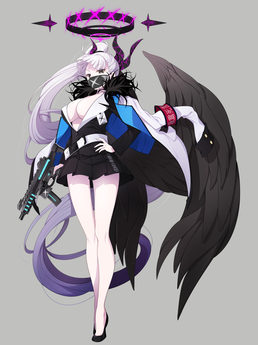 1girl absurdres alternate_breast_size alternate_hair_color black_mask black_skirt black_suit black_wings blue_archive breasts cleavage commission formal_clothes full_body fur-trimmed_jacket fur_trim grey_background gun halo hand_on_own_hip highres holding holding_gun holding_weapon id_card jacket jacket_on_shoulders koflif large_breasts long_hair mask mouth_mask pixiv_commission pleated_skirt side_ponytail sig_mpx sig_sauer skirt solo submachine_gun suit sukeban_(smg)_(blue_archive) surgical_mask tachi-e weapon white_hair wings x_mark