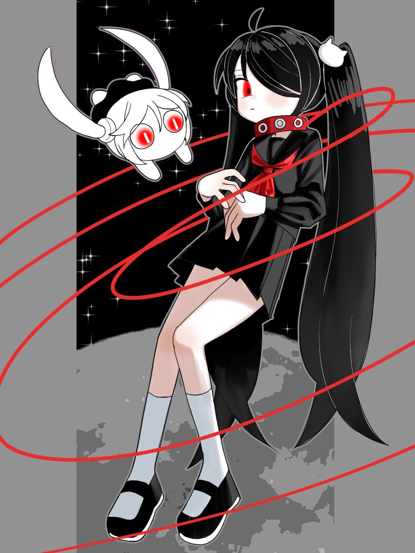1girl \||/ absurdres ahoge aimaina bad_id bad_twitter_id black_footwear black_hair black_serafuku black_skirt blush bokura_wa_minna_imi_fumei_(vocaloid) cat_hair_ornament closed_mouth collar earth_(planet) expressionless full_body hair_ornament hair_over_one_eye highres inactive_account kneehighs leash limited_palette long_hair long_sleeves looking_at_viewer neckerchief numamomi one_eye_covered outside_border own_hands_together pillarboxed planet pleated_skirt red_collar red_eyes red_neckerchief school_uniform serafuku skirt sky socks solo star_(sky) starry_sky twintails very_long_hair vocaloid white_socks