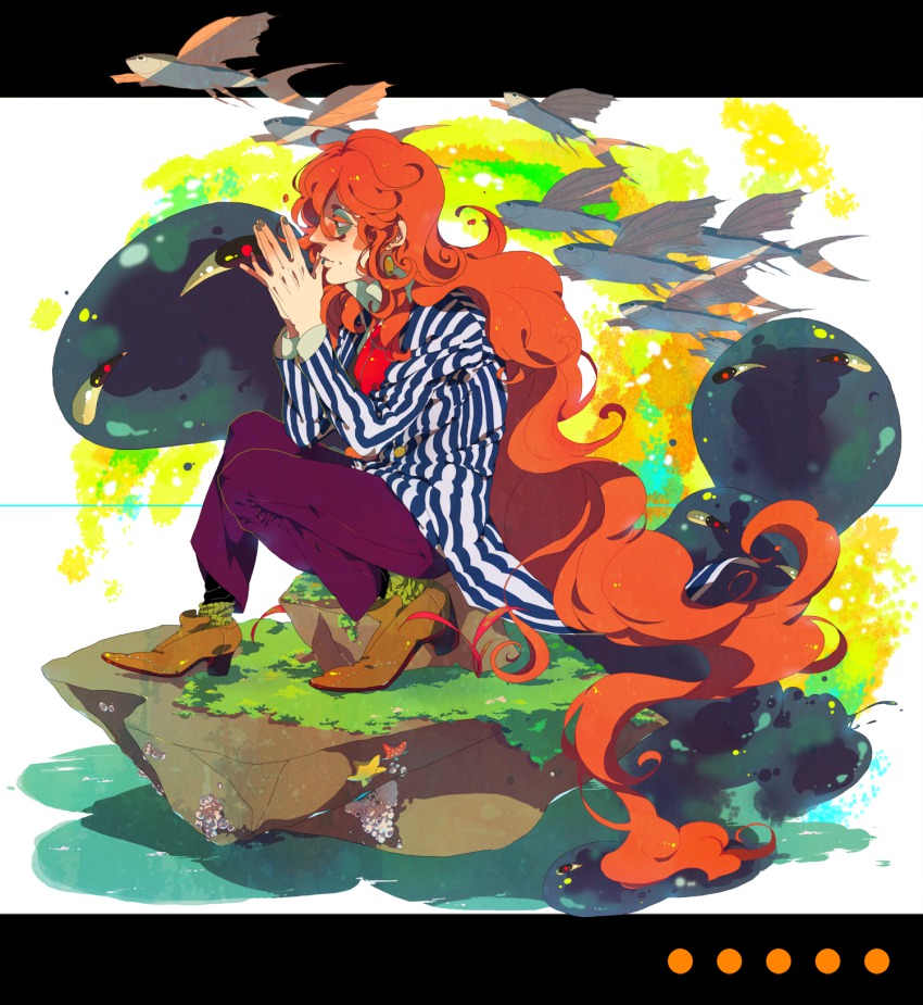 00s 1boy bad_id bad_pixiv_id fish fujimoto gake_no_ue_no_ponyo highres long_hair male_focus nshi red_hair sitting solo striped studio_ghibli vertical_stripes very_long_hair wavy_hair