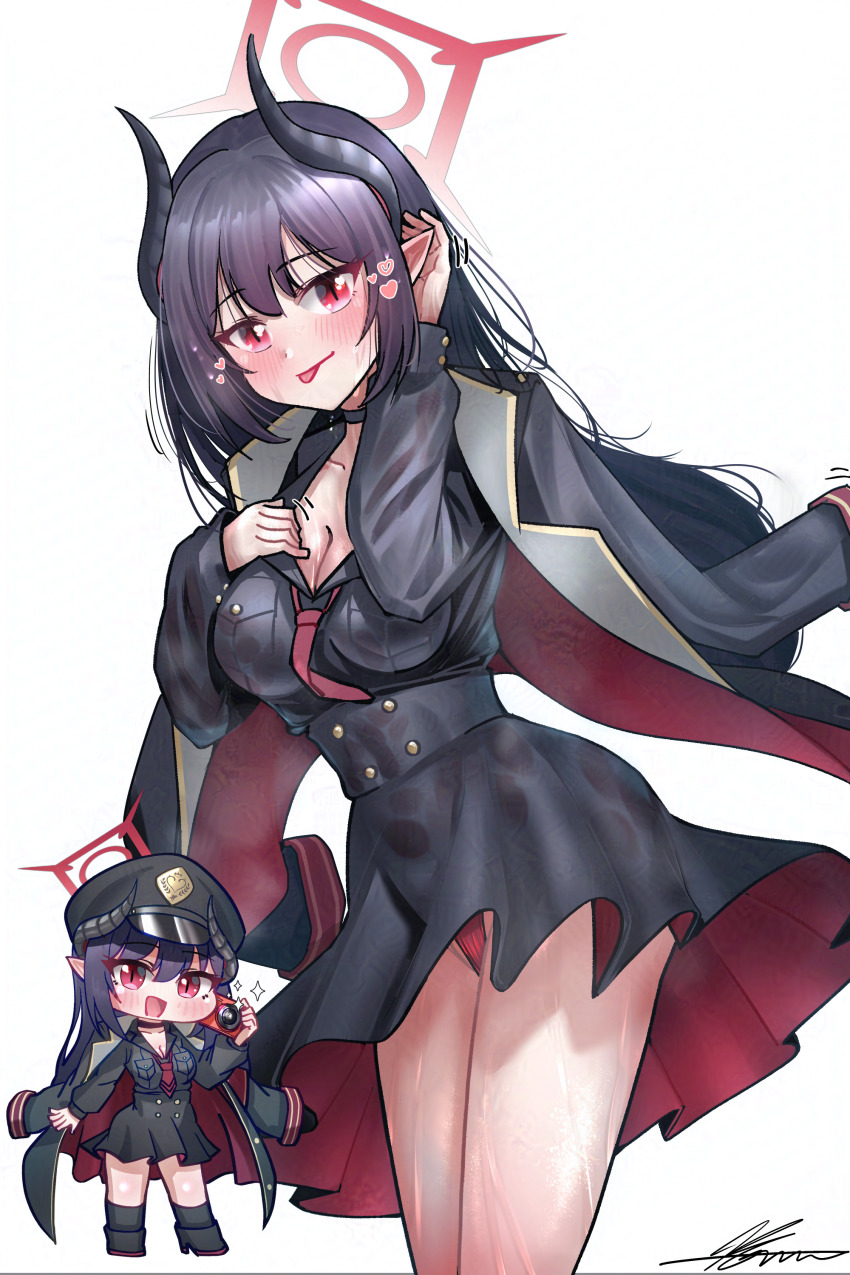 absurdres black_jacket black_shirt black_skirt blue_archive breasts chiaki_(blue_archive) chibi demon_girl demon_horns halo hat highres horns jacket large_breasts long_hair looking_at_viewer military_hat necktie purple_hair red_eyes red_halo red_necktie school_uniform shirt skirt solharuu thighs