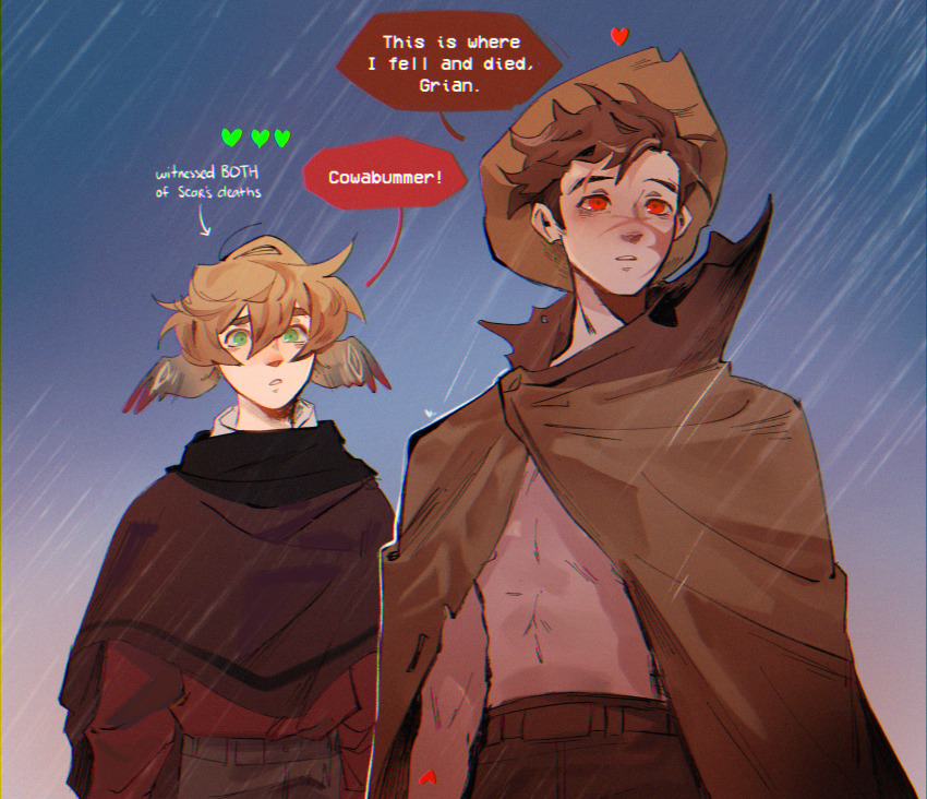 2boys 3rd_life_smp abs bare_pectorals blonde_hair blue_background blue_sky brown_cloak brown_feathers brown_hair brown_pants brown_poncho brown_wings chromatic_aberration cloak collared_shirt cowboy_hat cyani07 ear_wings english_text eyebrow_cut facial_scar feathered_wings feathers film_grain goodtimeswithscar gradient_background green_eyes grian_(youtuber) hat heart highres long_sleeves male_focus meme minecraft_youtube multiple_boys open_mouth outdoors pants pectorals pink_background poncho rain red_eyes red_sweater scar scar_on_cheek scar_on_face scar_on_nose shirt short_hair sky speech_bubble sweater this_is_where_i_watched_my_parents_die_raphael_(meme) topless_male torn_cloak torn_clothes traffic_life_series upper_body white_shirt wings