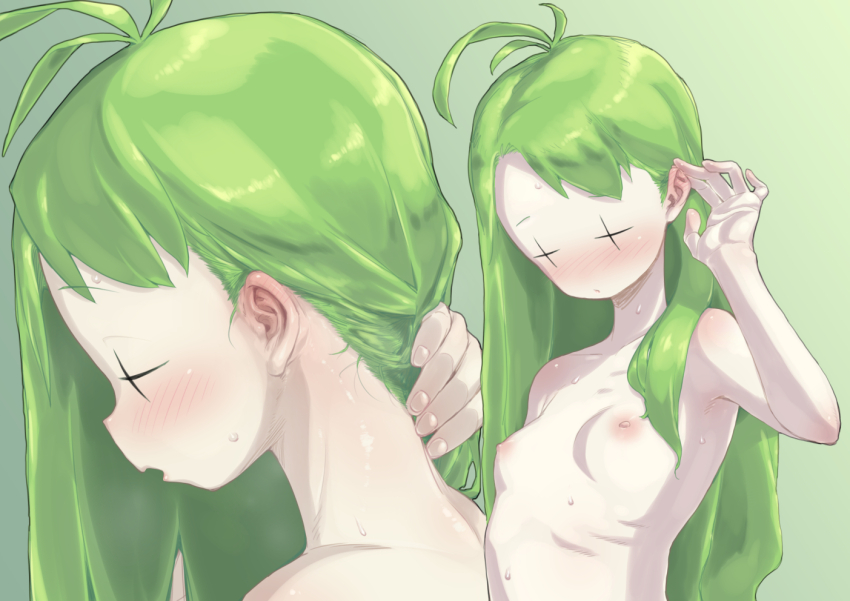 +_+ ... 1girl antenna_hair blush breasts closed_mouth commentary_request completely_nude green_hair long_hair looking_at_viewer man_(man-room) multiple_views nape nipples nude open_mouth shirt small_breasts tone_sphere translation_request trin_(tone_sphere) upper_body